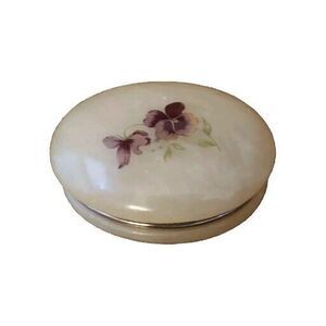 Hand Carved Genuine Alabaster Trinket Box Made in Italy Hinged Lid Purple Flower
